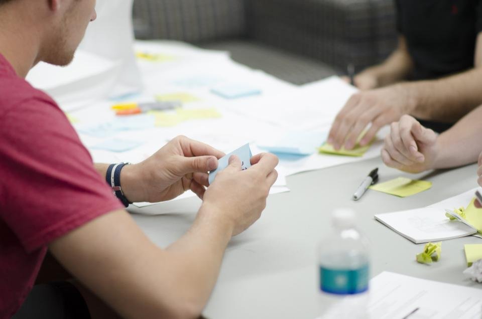 Team mapping requirements with sticky notes during an implementation planning session