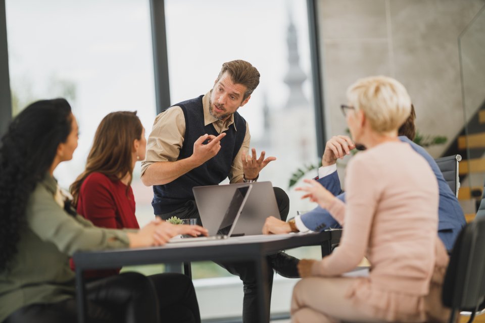 Consultant leading a requirements discussion with a business team