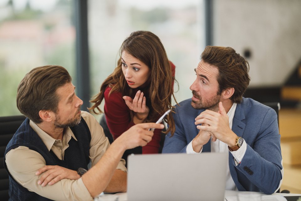 Consultants discussing project requirements with a client at a laptop