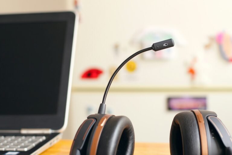 Headset microphone beside a computer screen used for sales and service calls