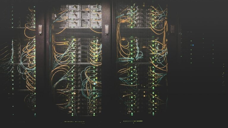 Network cables connected to servers in a data centre